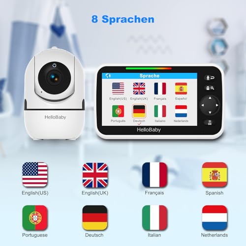 HelloBaby Babyphone mit Kamera, 3500 mAh Akku mit 5 Zoll Bildschirm, 355° Schwenken-120° Neige-Zoomen, Babyfone ohne WLAN, 2 Wege Audio, Temperatur, 8 Schlaflieder, Nachtsicht