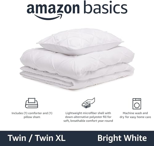 Image of Amazon Basics Soft, Lightweight Twin Size Comforter Set, All-Season Down-Alternative 2-Piece Bedding Set, Pinch Pleat Design with Piped Edges, Twin /TwinXL, Bright White