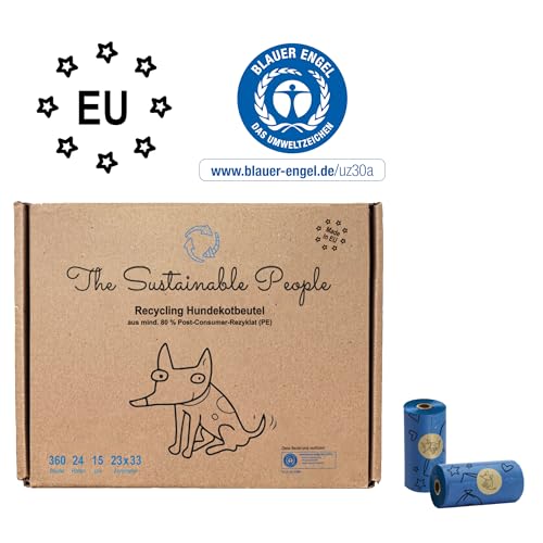 The Sustainable People TSP Recycling Hundekotbeutel - Blauer Engel zertifiziert - groß, auslaufsicher - Made in EU - 360 Stk - mind. 80% Post-Consumer-Rezyklat (PE) - stark (15µm) - Ausführung 23x33cm