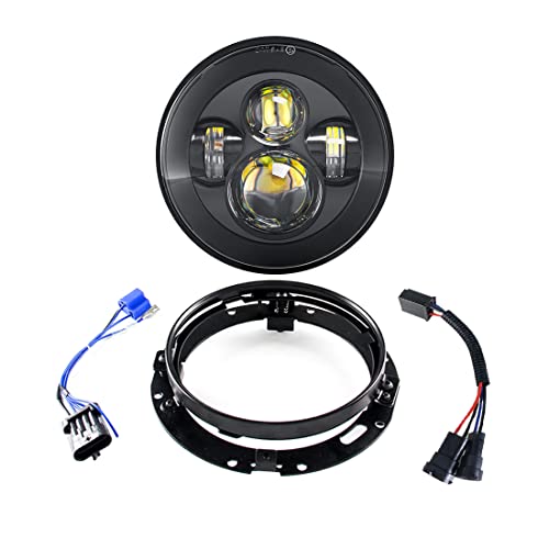 SKTYANTS オートバイ 7インチ LEDヘッドライト、取り付けリング付き &７インチ ブラケットセットテープ専用ハーネス 適用オートバイハレーグライダー街道滑空（ブラック色）
