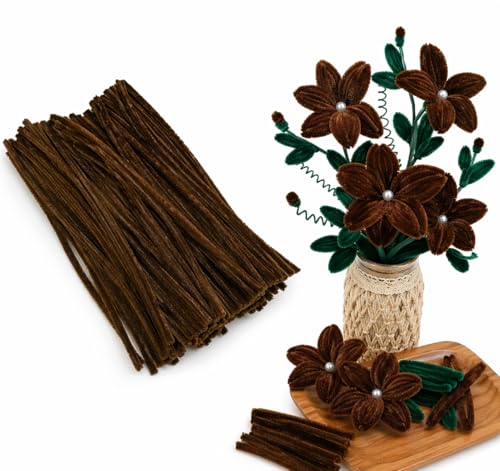 Image of 100Pcs Pipe Cleaners Craft Set | Chenille Stem Fuzzy Sticks DIY Craft Supplies for Art Projects Activities, Decorations, Flower Making, Modeling & Sculpting (Dark Brown)