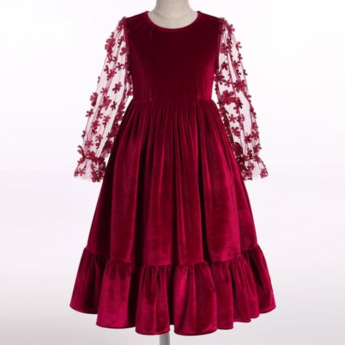 IBTOM CASTLE Velvet Dress for Girls 3D Flower Christmas Dress Mesh Sleeve Princess Party Dress Birthday Outfits Fall2