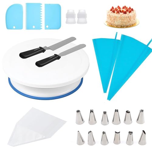LERANXIN 42 Stück Torten Zubehör Set, 360° Drehplatte Torte, Durchmesser 27,5 cm Drehbarer Tortenteller, Kuchen Drehplatte mit Basis, für Zuhause, Konditoreien, Hotels