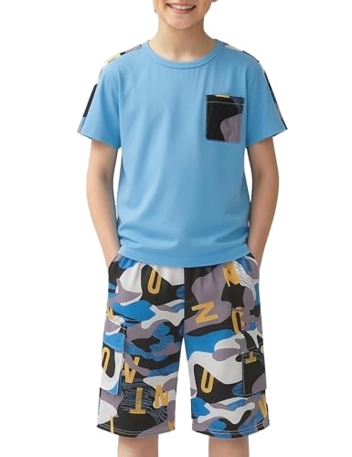 Image of mksodopy Boys Summer Outfit Set 2 Piece T Shirt and Camo Shorts Casual Clothes for Little Big Boys 5-16