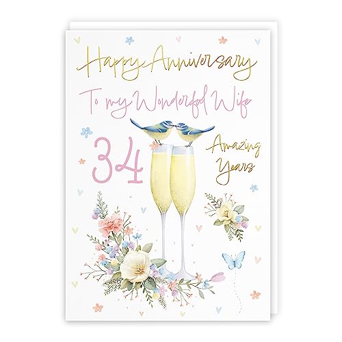 Hunts England - Tarjeta de 34 aniversario para esposa - Tamaño A5 - Copas de champán - Lámina dorada y relieve - Tarjeta de lujo de 34 aniversario para esposa - 34 años - 34 aniversario - Milo's