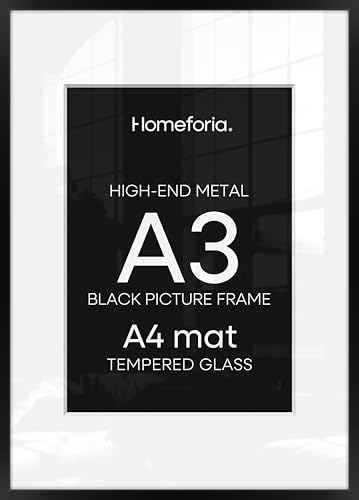 Image of Homeforia A3 Black Picture Frame, High-End Metal, A4 Mat, Glass | High End Aluminum, Tempered Glass, Acid-Free A4 Removable Mat, A3 Edge-to-Edge Display, Wall Kit, Set Of 4