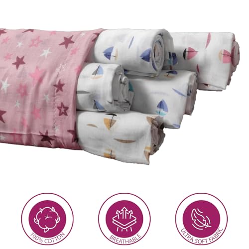 Image of TRANCE Home Linen Super Soft Cotton Malmal Swaddle Cloth | Single Layer Swaddle Wrap | Multipurpose Baby Blanket (100x100 cm, White Boats, Pack of 5)
