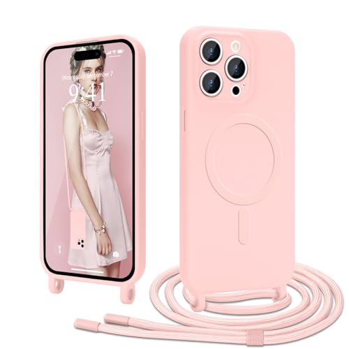 Ethanger Handyband für iPhone 14 Pro Max Hülle mit Band [Kompatibel mit Magsafe] Flüssig Silikon Necklace Handyhülle Magnetische Schutzhülle zum Umhängen Kordel für iPhone 14 Pro Max Rosa