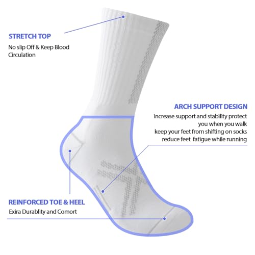 JOYNÉE 12 Pairs Mens Athletic Crew Socks Cushioned for Men Sports Running-Arch Support,White,Sock Size:10-132