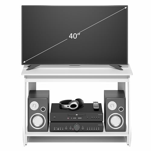 Image of Furinno Beginning TV Stand, 2-Tier Rectangular Entertainment Center with Shelf, TV Console for TV up to 36 Inch, Open Back, for Living Room, Bedroom, White