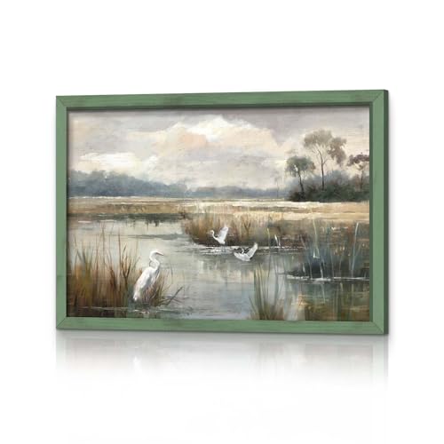 Rustic Landscape Framed Wall Art - Lake Bird Painting Tranquil