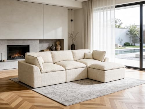 Image of 108 inch Corduroy Modular Sectional Sofa with Ottoman, Boneless Cloud Couch for Living Room, Convertible L-Shape Extra Deep Seat Floor Sofa, Beige