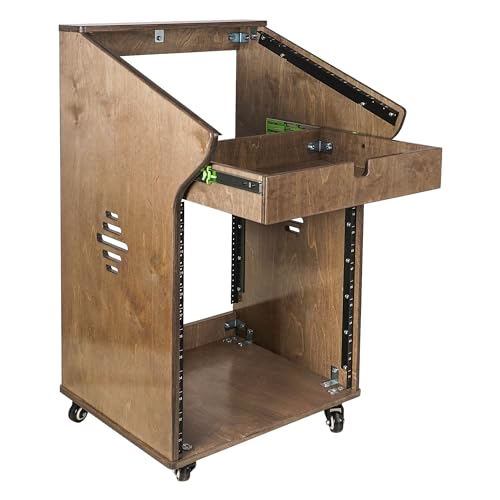 Sound Town DIY Solid Baltic Birch Plywood Studio Rack with 11U Slant Mixer Top, 12U Front, 2U Drawer, Rubber Feet, Casters, Weathered Brown (SDRK-M11X12B)