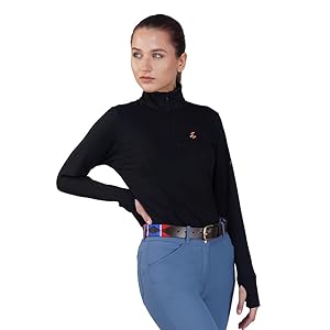 Preto Ladies Horse Rider Baselayer Base Layer 1/4 Zip Long Sleeve Athletic Thermal Tshirts Women’s Ladies Top Girls – Equestrian Apparel & Gear for Horseback Riding(Black)