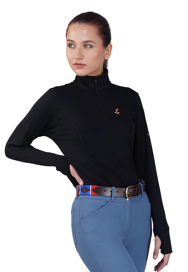 Preto Ladies Horse Rider Baselayer Base Layer 1/4 Zip Long Sleeve Athletic Thermal Tshirts Women's Ladies Top Girls - Equestrian Apparel & Gear for Horseback Riding(Black)