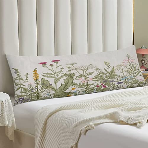 Spring Body Pillow Cover Sage Green Wild Flower Plant Vintage Floral Herbs And Botanical Cushion Long Pillowcase With Zipper Decorative Soft Large Bedding Pillow Cases For Couch,Home Gifts 20"X54" #TOP2