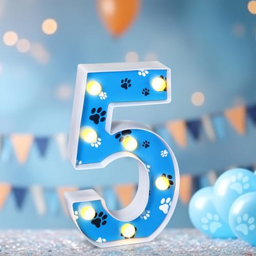 Image of Havawish Blue Paw Dog Birthday Light up Number Sign Dog Birthday Party Decorations for Boy Themed Party Supplies Prop Backdrop Sign, 8.58 Inches(Number 5)