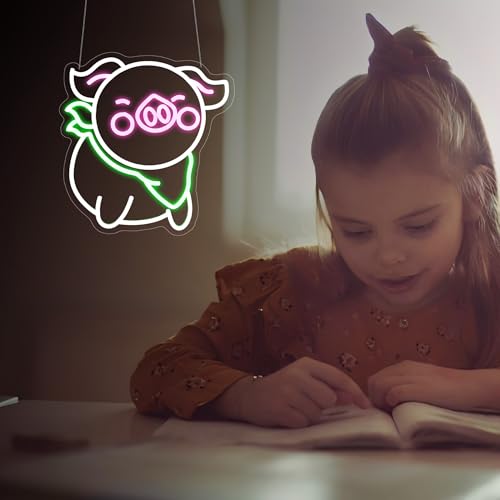 Image of Pig Neon Sign - HSJNJKFU Neon Signs for Wall Decor Animal Led Sign Light Up Sign for Room Birthday Party Home - LED Neon USB Powered