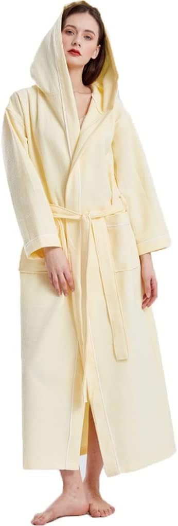 レディース 吸水 ルームウェア ワッフル生地【綿100%】，レディース ワッフル フード付きバスローブ、スパ ローブ コットン、軽量