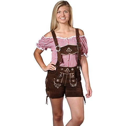 Damen Trachten Lederhose Damenhose mit Trägern aus feinstem Veloursleder in dunkelbraun, Bayrische Trachtenlederhose für das Oktoberfest Größe 34, 36, 38, 40, 42, 44, 46 Cover
