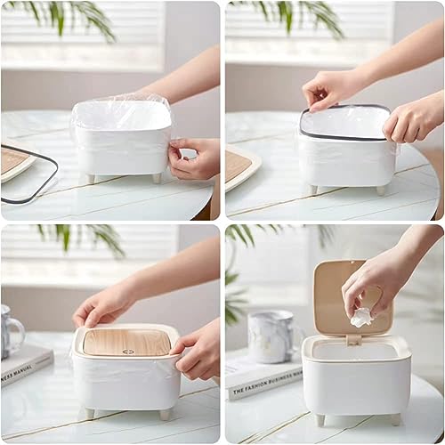 Image of Mini Portable Tabletop Dustbin, Mini Trash Can with Lid - Wastebasket for Bathroom Vanity, Desktop, Tabletop (Square Press - White)