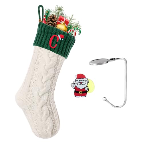 Christmas Stockings with Initials, Personalized Embroidered Monogram 18 Inches Knitted Christmas Stockings Fireplace Xmas Stockings for Kids,Family Holiday Party Decoration White Green Letter C