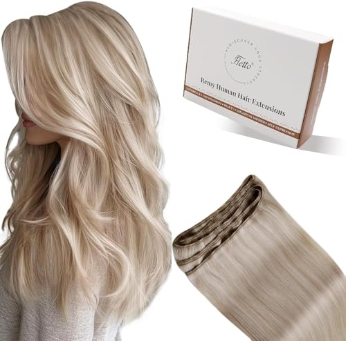 Hetto Weft Extensions Echthaar Aschblond mit Hellblond Highlights 35cm 80g - Professionelle Salon Tressen, Große Fläche für Volumen, Perfekt für Sew-In, Beaded oder Hand-Tied Methoden #18/613