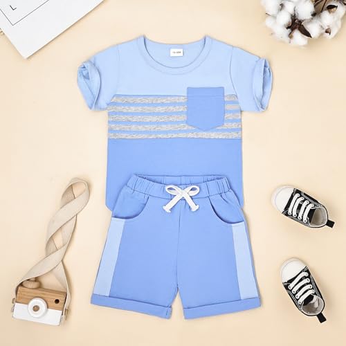 Image of FOCUTEBB Toddler Boy Clothes Summer Patchwork T-Shirt Shorts 2Pc Set 12M-5T