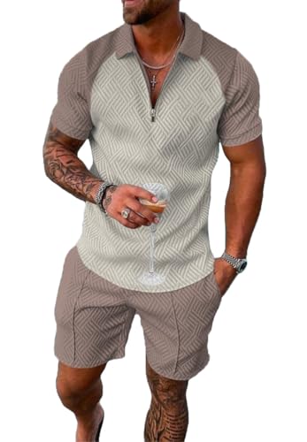 Beige Deep Khaki Splicing M Mens Short Sets 2 Piece