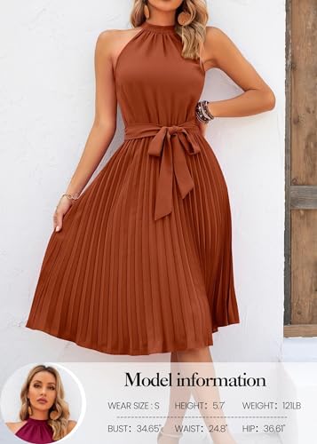 KIRUNDO Women's 2025 Summer Sleeveless Halter Neck Pleated Midi Cocktail Dresses A Line Flowy Beach Sun Dress with Belt2