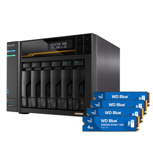 Asustor Lockerstor 6 Gen3 AS6806T with 4 x 4TB SSD (WDS400T4B0E), 6 Bay NAS, AMD Ryzen Quad-Core 2.3GHz, 16GB ECC DDR5, 4 M.2 NVMe Slots, Dual 5GbE and 10GbE, Network Attached Storage