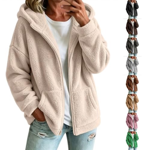 Hoodies for Women Warm Casual Cozy Fuzzy Fleece Zip Up Sherpa Sweatshirt Beige L - image 1