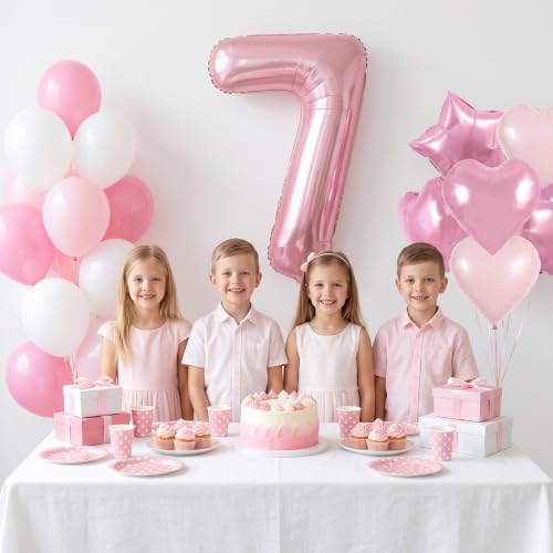 Image of TONIFUL 7th Birthday Balloons Kit 40 Inch Pink Large Number 7 Foil Balloon | with 18 Inch Helium Foil Star Shaped Balloons for Girls Women Birthday Anniversary Graduation New Year Eve Party Decoration
