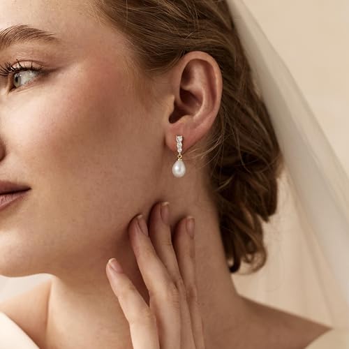 14k Gold Plated Pearl Drop Earrings for Women, Dainty Wedding Jewelry, Elegant Dangles, Prom Bridal Jewelry, Bridesmaid Gift, Minimalist Earrings4