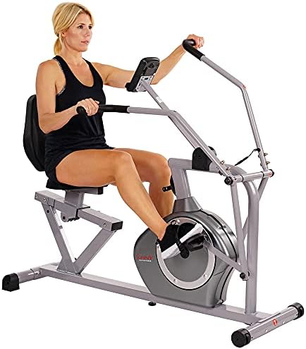 Sunny Health & Fitness Magnetic Recumbent Bike Exercise Bike, 160 KG (350 LB) High Weight Capacity, Cross Training, Arm Exercisers, Monitor, Pulse Rate Monitoring - SF-RB4708