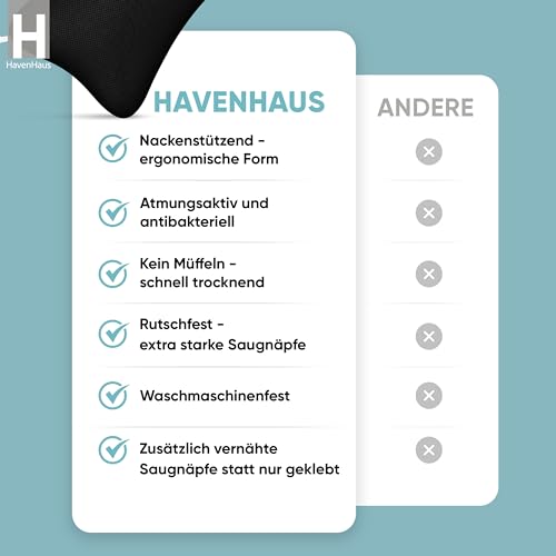 HAVENHAUS Premium Badewannenkissen schwarz | Badewannenkissen Nacken schnelltrocknend & extra große Saugnäpfe | Badekissen für Badewanne waschbar | Nackenkissen Badewanne Badezubehör | Wannenkissen