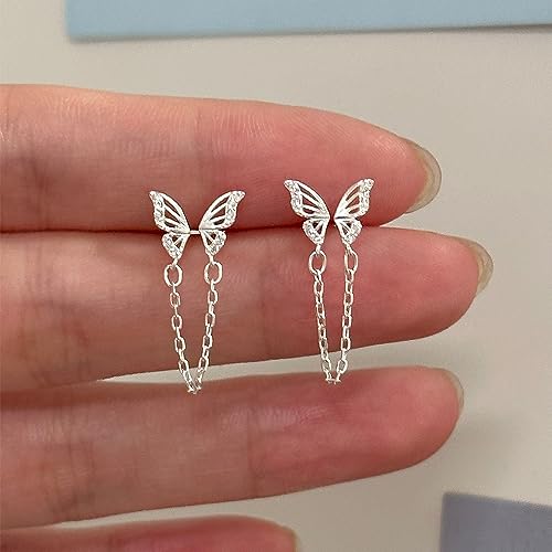Cute Tiny Butterfly CZ Double Piercing Huggie Small Stud With Short Chain 925 Sterling Silver Cuff Wrap Earrings for Women Cartilage Two Holes Animal Dangle Drop Hypoallergenic2
