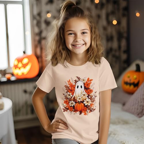 Image of GLIGLITTR Girls Halloween Ghost T Shirt Pumpkin Floral Graphic Tee Tops Kids Spooky Season Casual Short Sleeve Shirt