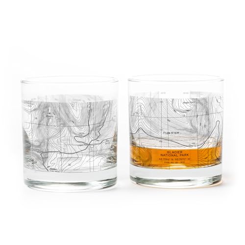 Whiskey Glasses - Glacier National Park Topographic Map Rock Glass Set - Two 11oz. Drinking Glasses