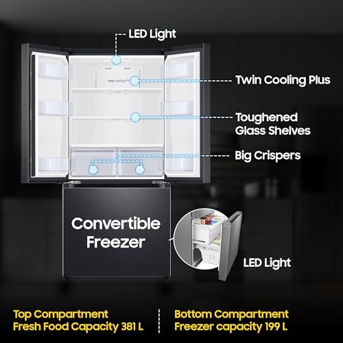 Image of Samsung 550 L Inverter Frost-Free French Door Refrigerator (RF57A5032B1 /TL, Black DOI, Convertible), Real Stainless, Convertible