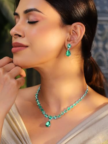 Image of Rubans Necklace Set Rhodium Plated Crystal Studded Jewellery Gift for Women & Girls