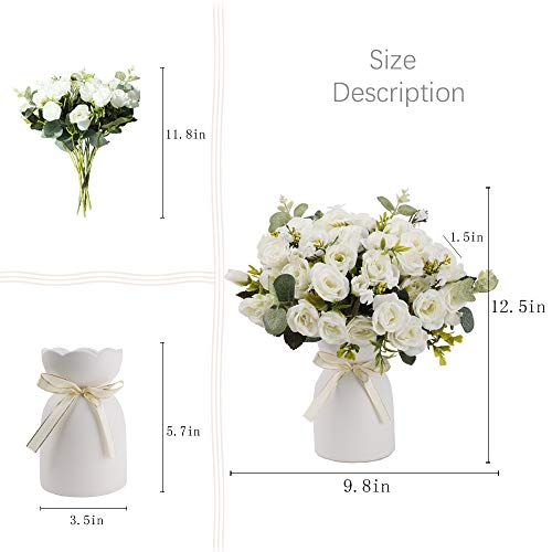 Lesing Artificial Silk Rose With Vase Fake Flowers Wedding Flowers Bouquets Arrangement Home Office Party Centerpiece Table Decoration (White) #TOP2