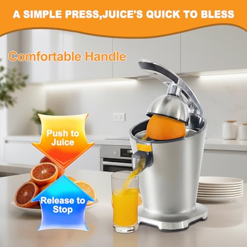 Image of NEWBULIG Electric Citrus Juicer, Automatic Orange Juicer Squeezer with Soft-Grip Handle, Orange Juice Extractor Machines for Lemon Lime Grapefruit, Auto Shut-Off & Dishwasher Safe Parts, Silver