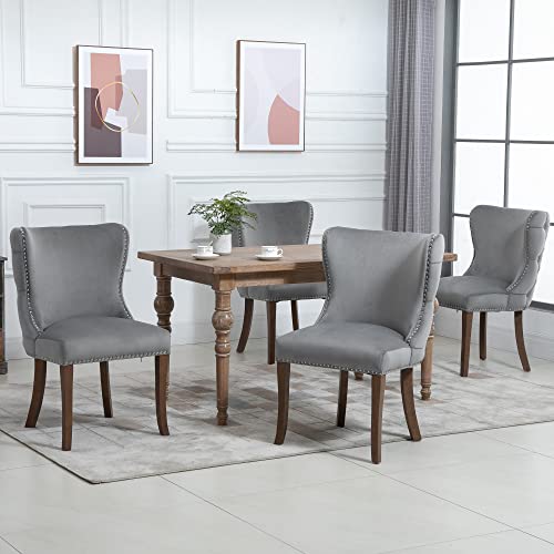 Set Of 2 Upholstered Wing-Back Dining Chair With Backstitching Nailhead Trim And Solid Wood Legs (Grey) #TOP5