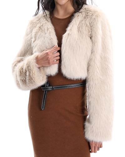 Xintianji Womens Faux Fur Cropped Jacket - Open Front Long Sleeve
