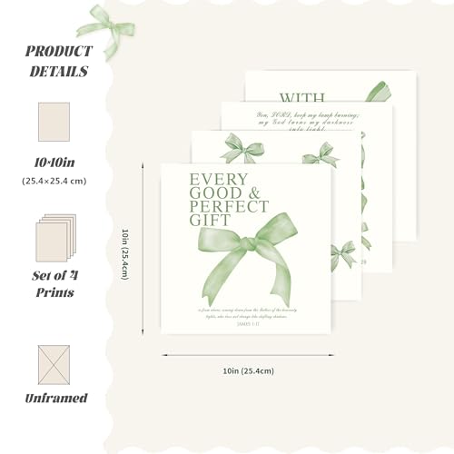 Image of LARTSFRO Coquette Sage Green Bow Wall Art Decor Posters, Sage Green Bow Room Bedroom Bathroom Wall Art Decor Aesthetic for Teen Girls Gifts, Inspirational Bible Verses Bow Wall Decor, 10x10 Inch Set of 4 Bow Pictures Unframed
