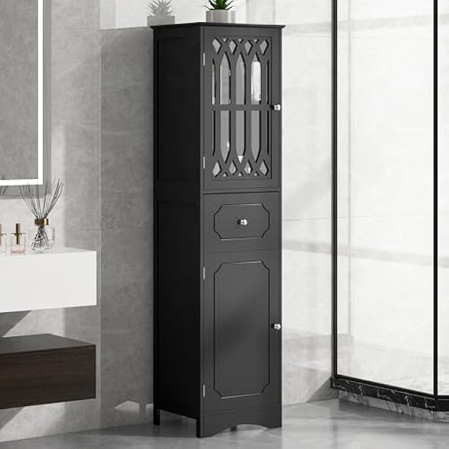 Tall Bathroom Cabinet with Sliding Door Storage
