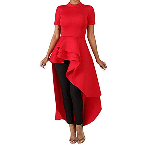 Robe de soirée rouge moulante style chemise à volants en dentelle