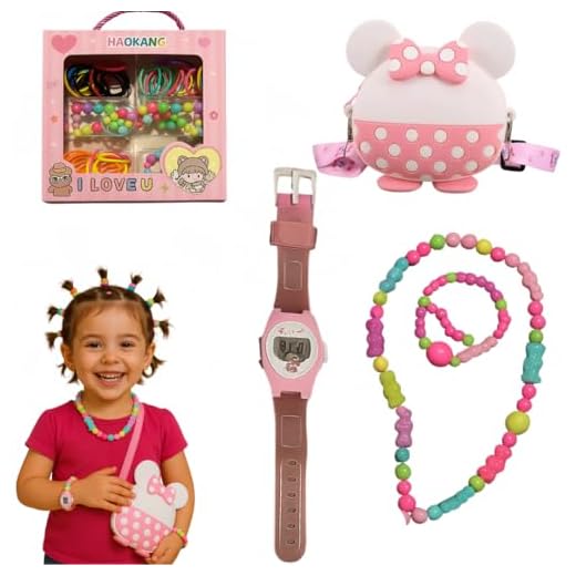 Kit Infantil de Acessórios para Cabelo, 100 Elásticos Coloridos, Colar, Relógio e Bolsa Minnie, Conjunto Completo para Meninas