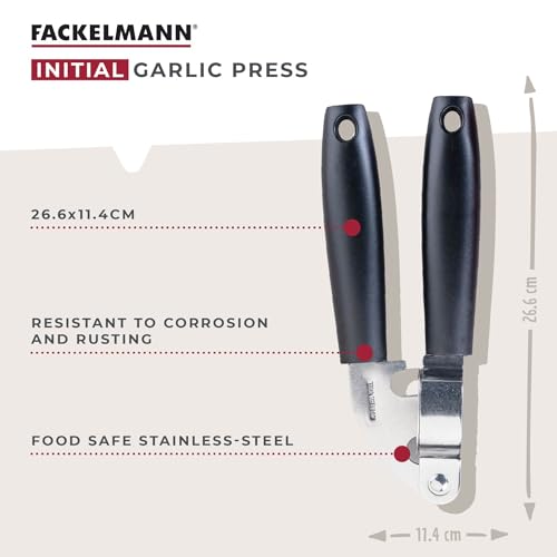 Fackelmann INITIAL Garlic Press, Multifunctional Garlic Crusher, Easy Clean, Strong Durable Garlic & Ginger Squeezer, Professional Kitchen Garlic Mincer, Stainless Steel with Plastic Handle 18cm